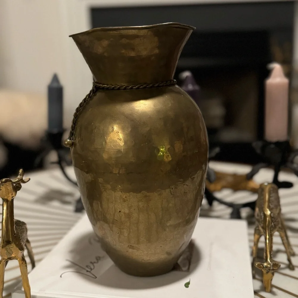 Vintage Large Hammered Brass Vase Ruffled Rim Brass Tassels 11”